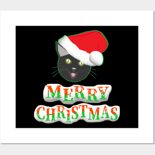 Merry Christmas Smiling Cat Wearing a Santa Claus Hat (Text on Bottom) Posters and Art